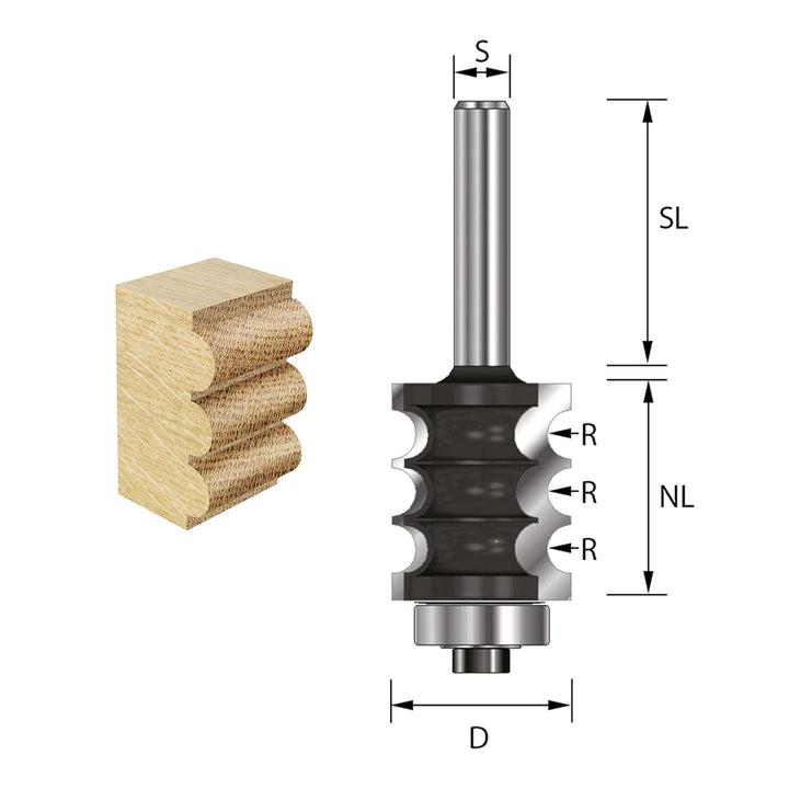 ENT 14850 Dekorativer Profilfräser HW, Schaft (S) 8 mm, Durchmesser (D) 22,2 mm, NL 25,4 mm, R 3,2 m