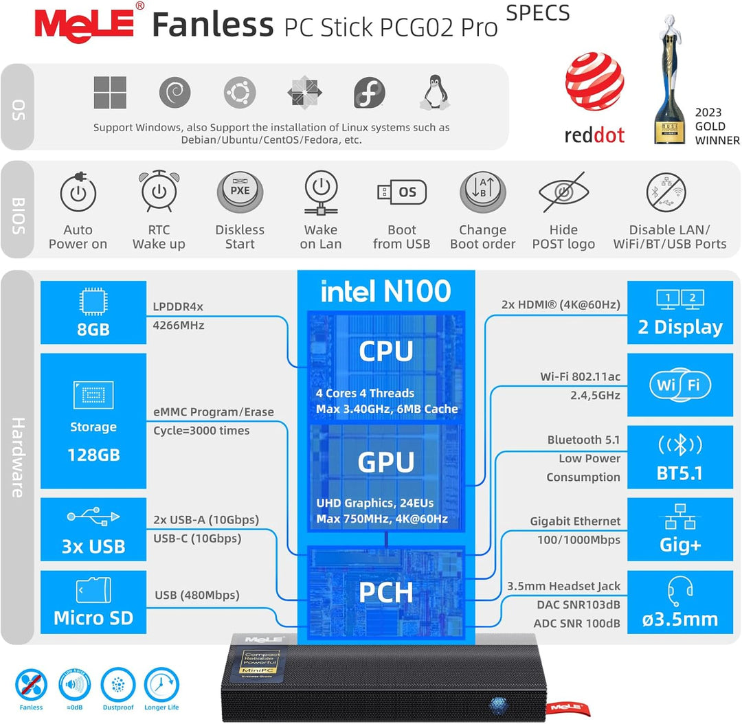 MeLE PCG02 Pro Lüfterloser Mini-PC Stick, Reddot Gewinner 2024, N100 8GB 128GB, Dual HDMI2.0, 4k 60H