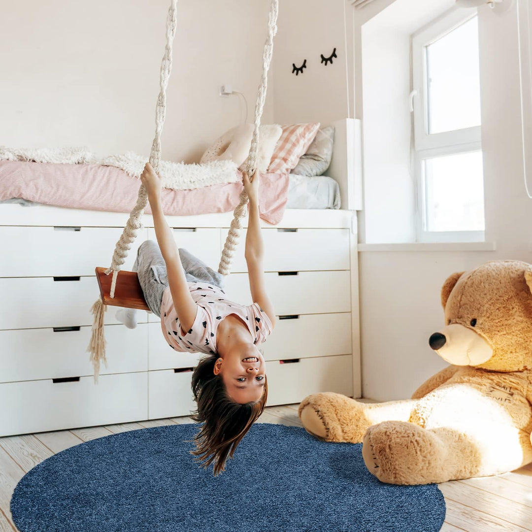 payé Teppich Rund Hochflor Shaggy - 200x200cm - Blau Einfarbig Uni Flauschig Modern Boho Wohnzimmer