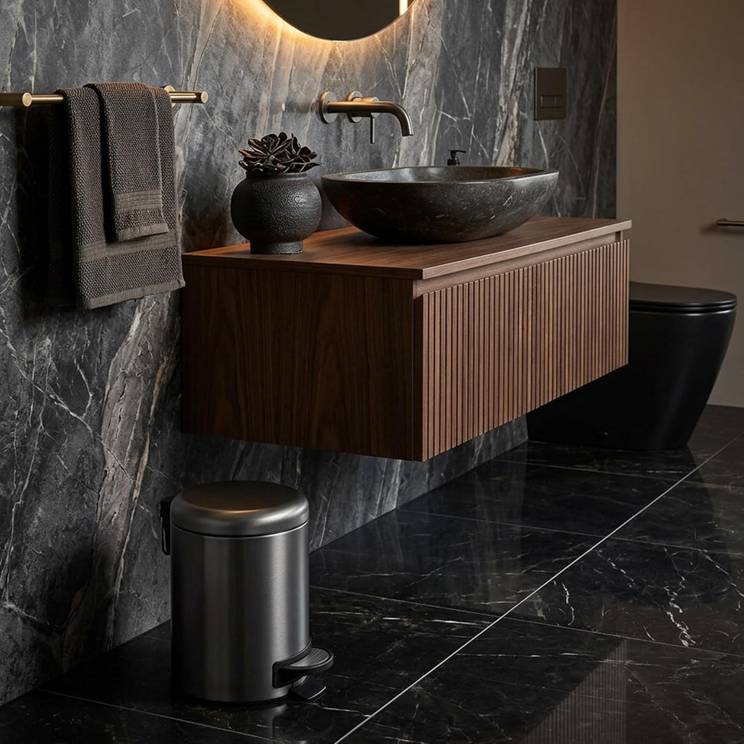 Gedy POTTY Abfalleimer für Badezimmer, rund, 3 l, mit Pedal und Softclose-Deckel, Edelstahl, Gun Met