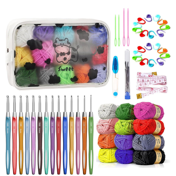 7CDXD Häkelset, Häkelset Set für Anfänger, Strickset enthält 12 Spulen Häkelgarn, 14 Häkelnadeln, 4