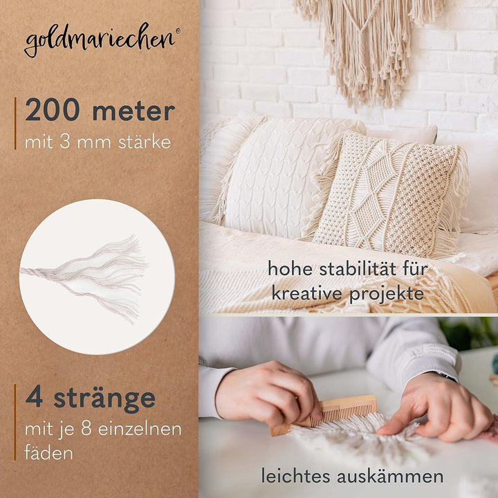 goldmariechen Premium Makramee Garn 3er Set (Naturell) 600 Meter | 3mm | 100% Baumwolle | plastikfre