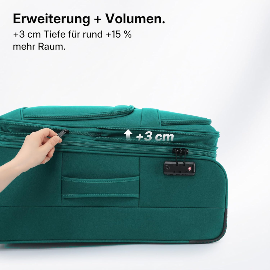 Stoffkoffer erweiterbar mit Frontfächern,15% Extra-Volumen, TSA-Schloss, 360° Doppelrollen & verdeck