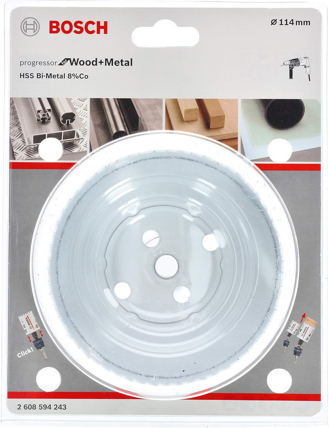 Bosch Professional Lochsäge Progressor for Wood & Metal (Holz und Metall, Ø 114 mm) + 1x Power Chang