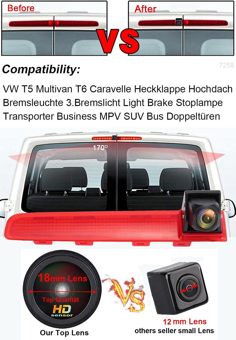 18mm Linse Top Qualität Auto Drittes Dach Original-Bremslicht-Rückfahrkamera, Ersatz für VW T5 Multi