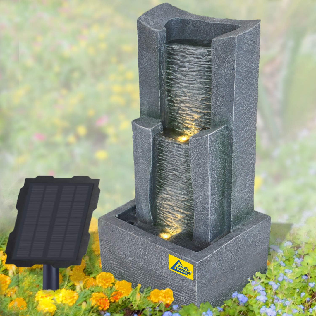 profi-pumpe.de Solar Gartenbrunnen Brunnen Solarbrunnen 3-Stufige Stein-Kaskade mit LED-Licht, Zierb