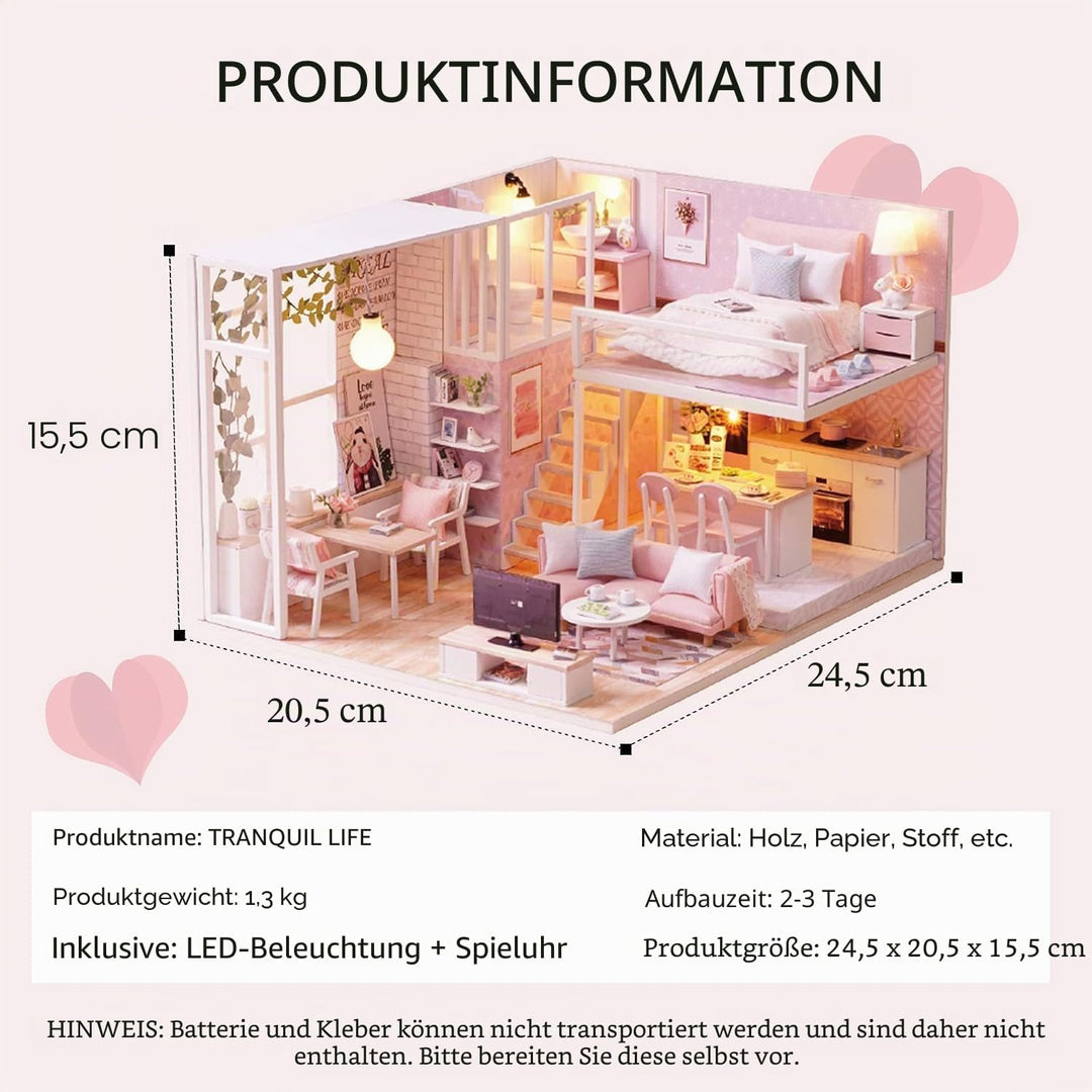 CUTEROOM DIY Miniatur Schaalmodel Kits mit Möbeln,DIY hölzernes -Kit mit Musik-Bewegung und LED Lich