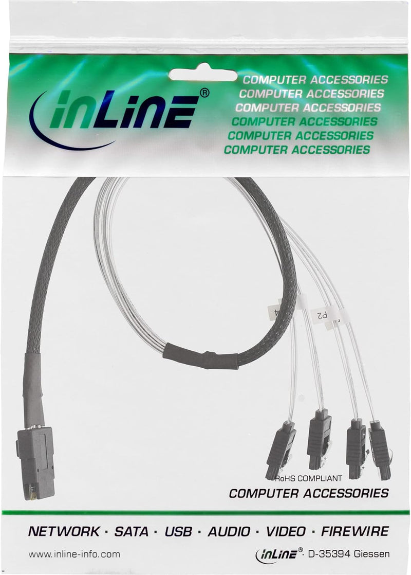 InLine 27620 SAS Anschlusskabel, Mini-SAS SFF-8087 an 4x SATA, 1:1, OCR, 0,5m