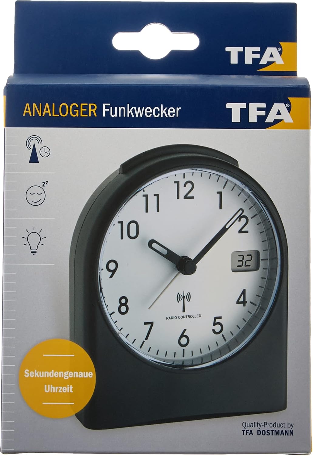 TFA Dostmann Analoger Funk-Wecker, 98.1040.01, mit digitaler Sekundenanzeige, Funkuhr, mit Hintergru