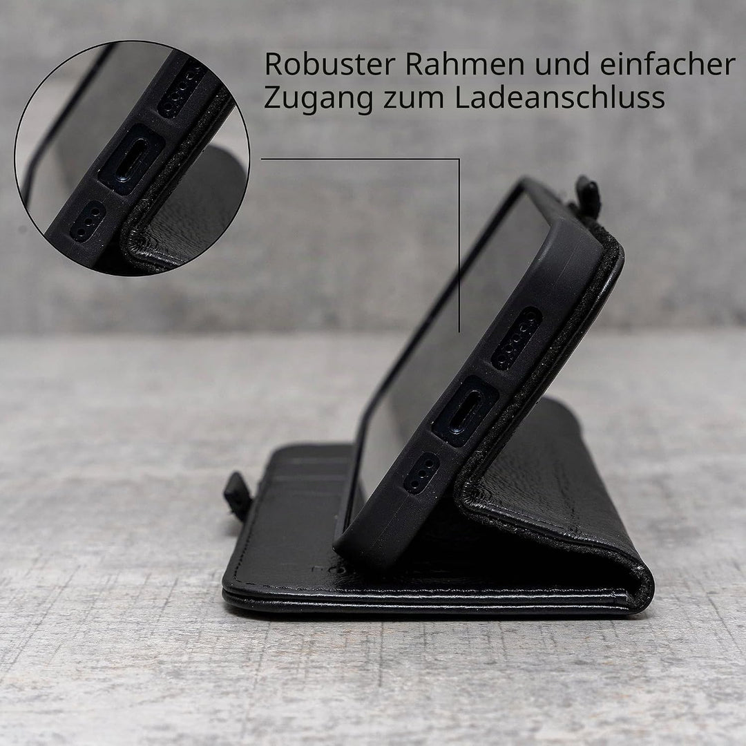 Porter Riley - Lederhülle für iPhone 13 (6.1"). Premium Echtleder Standhülle/Ledertasche/Brieftasche