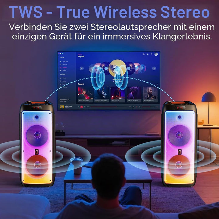 JYX Karaoke Maschine mit 2 Mikrofonen, LED Licht – Bluetooth 5.3, TF/USB/AUX/TWS/LIVE, Karaoke Box &