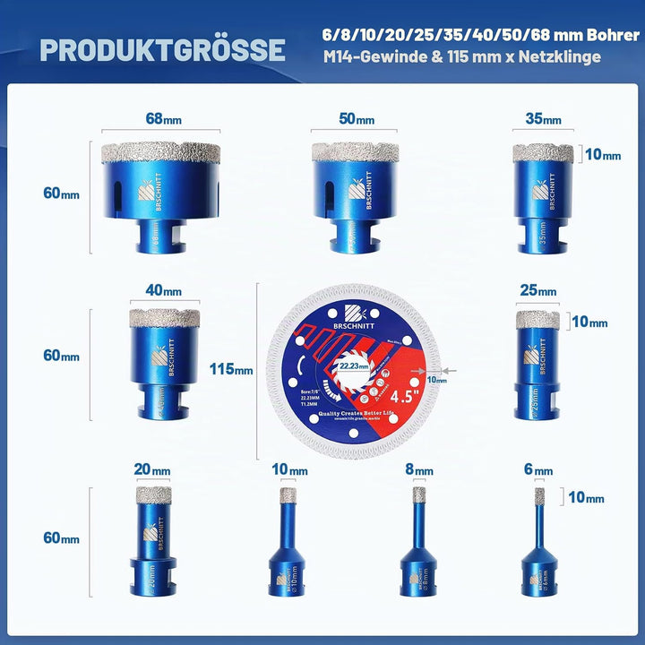 Diamond Core Drill Bit Set for Porcelain Tile Ceramic Marble Granite Drilling,BRSCHNITT 6 8 10 20 25