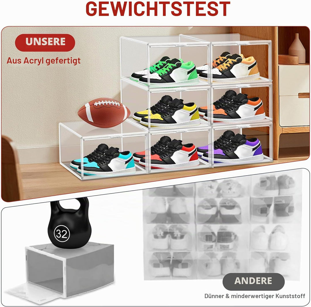 12 Stück Kunststoff Schuh Aufbewahrung Box Fit EU 46, stapelbare Schuh Display Case mit Magnet Acryl