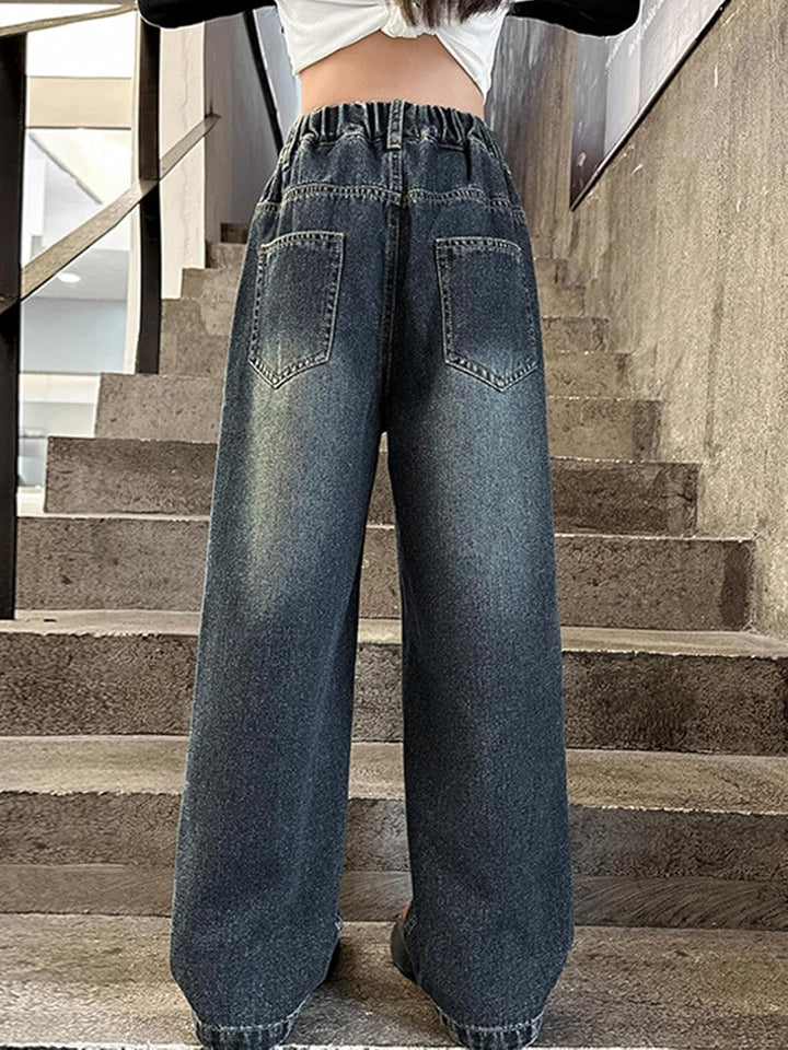 Rolanko Mädchen Jean Hosen Loch Denim Blau Jeans, Vintage Hose mit weitem Bein für Kinder Fit 8-9 Ja