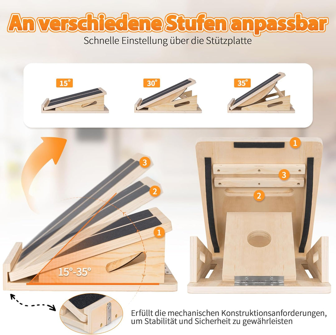 2-in-1 Schrägbrett aus Holz, Verstellbarer Wadenstrecker mit Tragegriff, Mobility Balance Board Slan