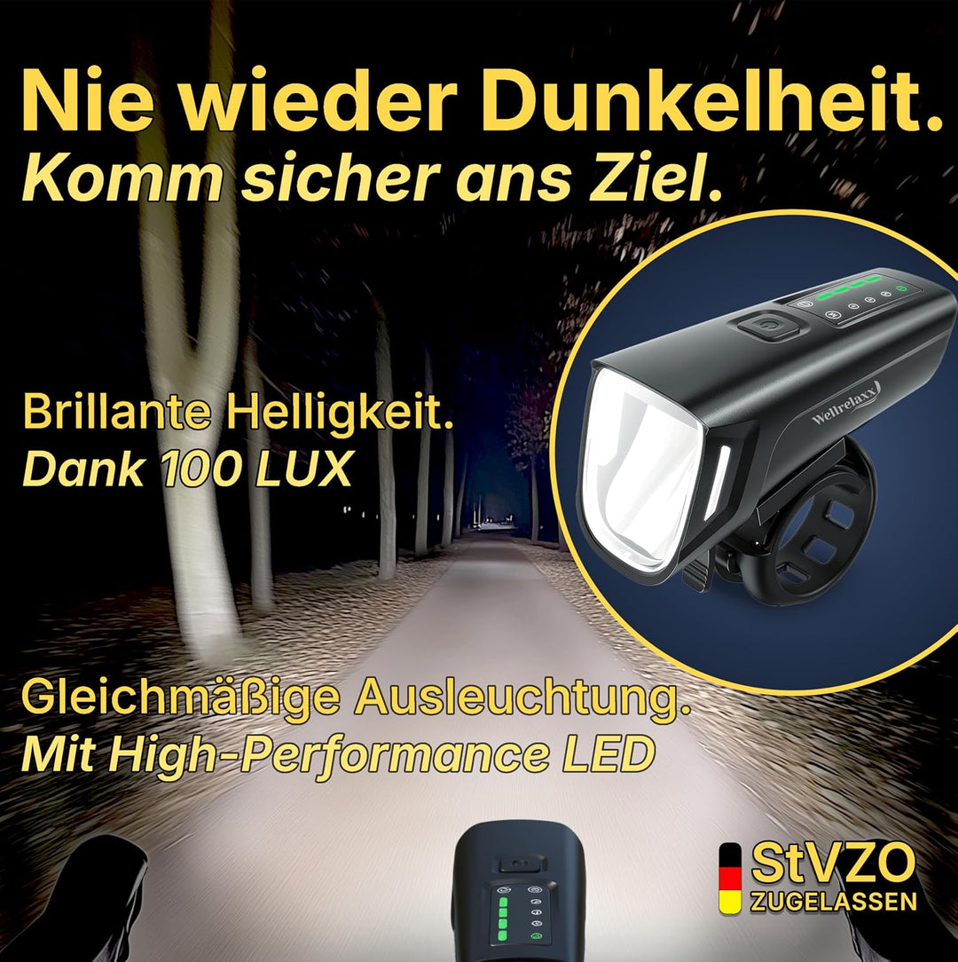 LED Fahrradlicht Set USB aufladbar 100LUX | Fahrrad Licht StVZO zugelassen | Fahrradbeleuchtung Set