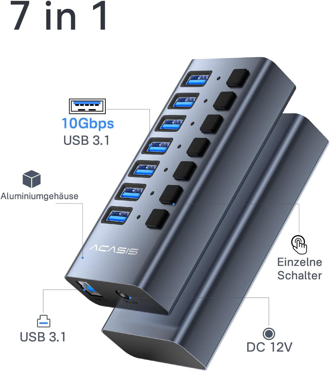 ACASIS Powered USB Hub,10 Ports USB 3.1 Hub with 10Gbps Data Speed, Individual On/Off Switches, 12V4