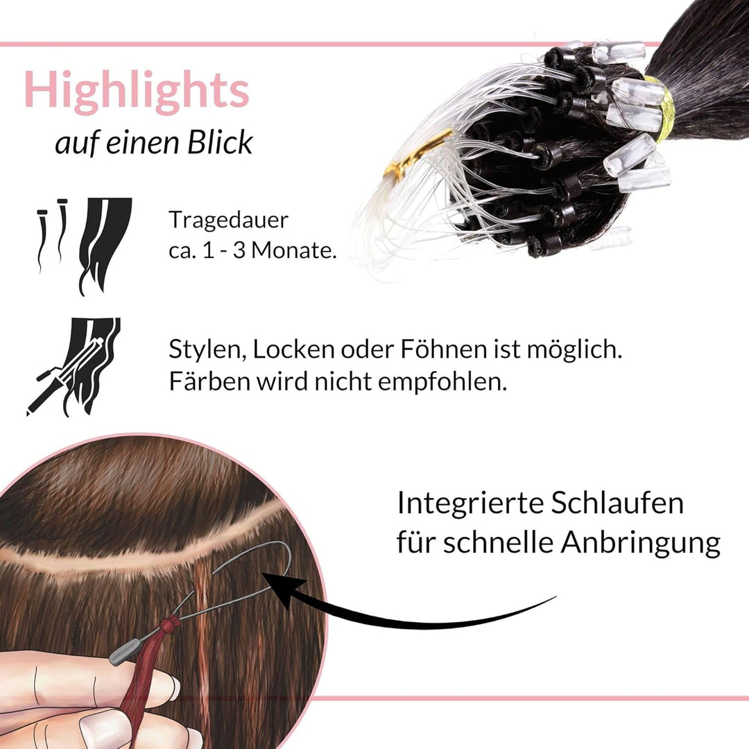 hair2heart Microring Extensions Echthaar glatt - 25 Strähnen 1g 60cm 2/0 schwarz 60cm 25 Strähnen #1