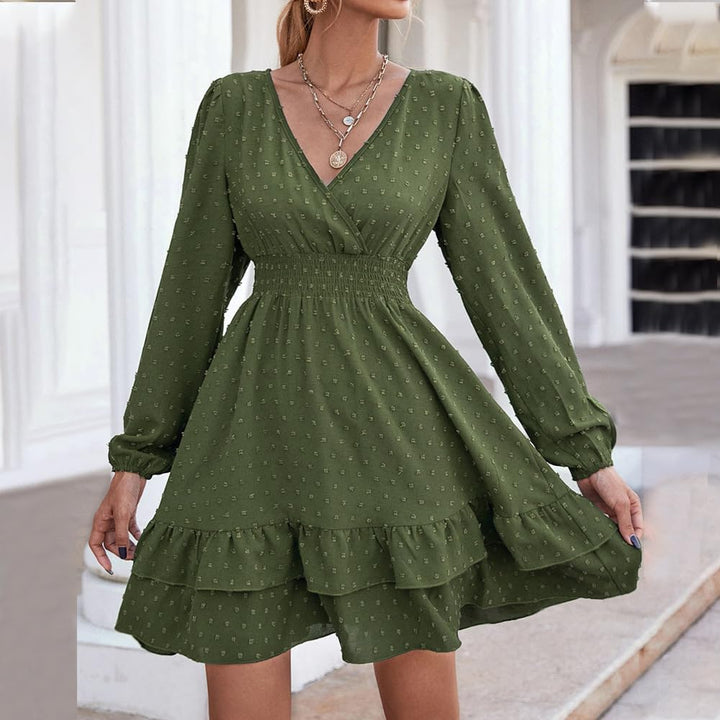 Damen Langarm Kleid V-Ausschnitt Wickelkleid Tunika Kleider Partykleid Sexy Casual Midikleid Elegant