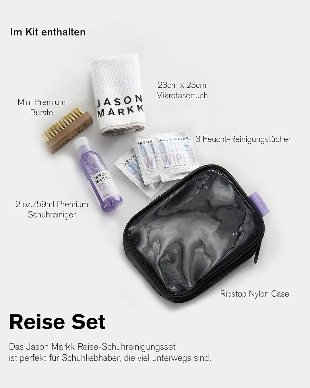 Jason Markk Reise Schuhreinigungsset - 2oz/59ml Premium Schuhreiniger, Mini Premiumbürste, 23cmx23cm