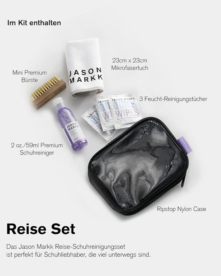 Jason Markk Reise Schuhreinigungsset - 2oz/59ml Premium Schuhreiniger, Mini Premiumbürste, 23cmx23cm
