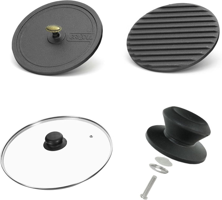 4BIG.fun Ø26cm Grillpfanne Gusseisen mit Pressdeckel Glasdeckel Pfannenwender Induktion Holzgriff Br