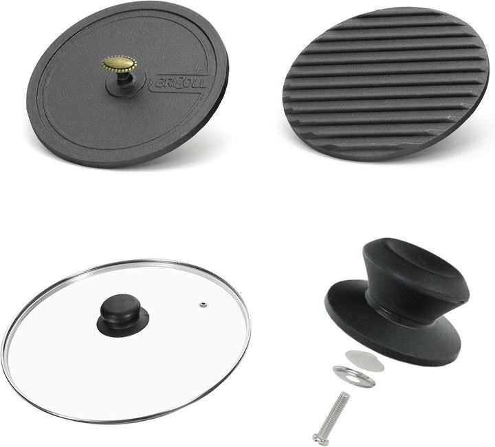 Ø28cm Grillpfanne Gusseisen mit Pressdeckel Glasdeckel Pfannenwender Induktion Holzgriff Bratpfanne