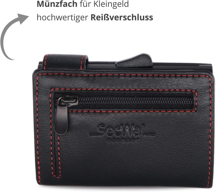 SecWal Kartenetui mit Münzfach Reissverschluss (Schwarz-Rot), Schwarz-rot