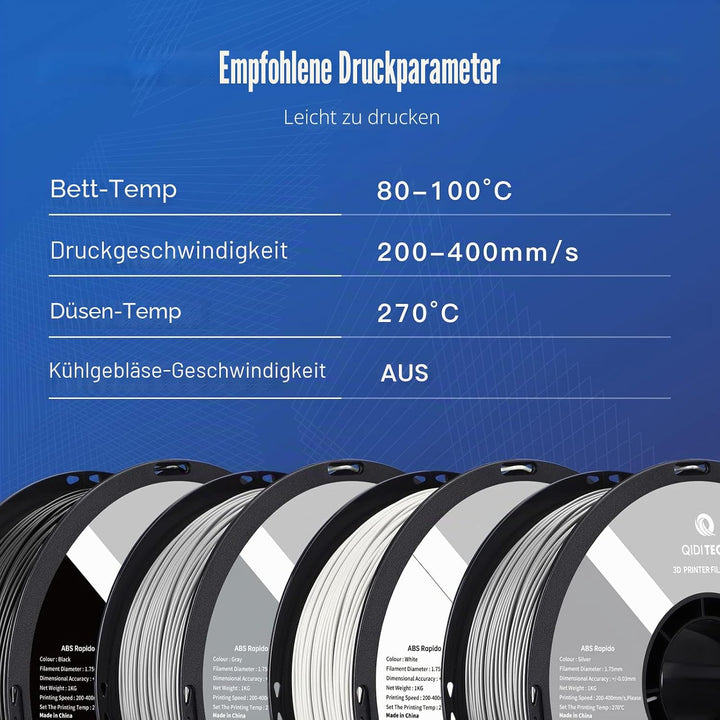 QIDI TECH ABS Rapido Filament 1.75mm, 3D Drucker Filament ABS 1kg Spule (2.2lbs), geeignet für Hochg