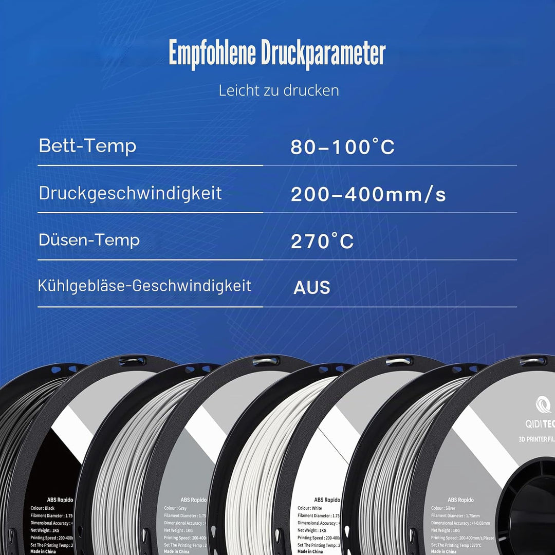 QIDI TECH ABS Rapido Filament 1.75mm, 3D Drucker Filament ABS 1kg Spule (2.2lbs), geeignet für Hochg
