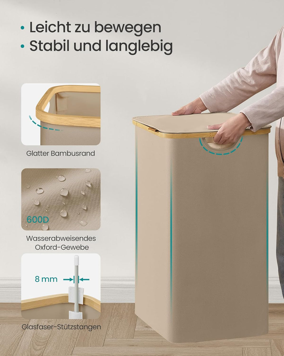 SONGMICS Wäschekorb mit Deckel, Wäschesammler mit 2 Fächern, 130 L, herausnehmbarer Wäschesack, Oxfo