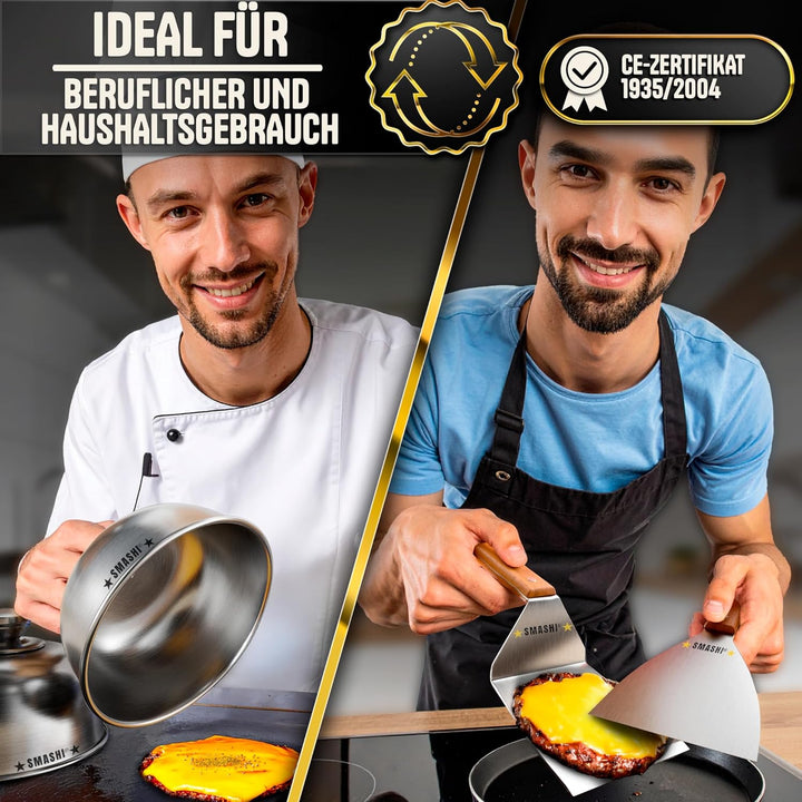 SMASHI® Smash Burger Set mit Holzgriffen – Grillzubehör aus Edelstahl 304 Burgerpresse, 2 Spachteln