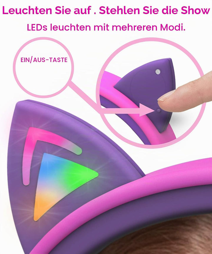 FosPower - Kopfhörer Kinder mit LED leuchten Katzenohren, 3,5mm On Ear Audio Kopfhörer für Kinder mi