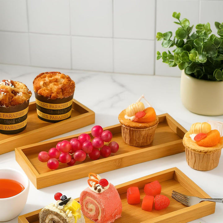 10 Stück Klein Bambus Tablett Set, 29 x 10 cm Rechteckig Serviertablett Holz für Untersetzer Tee Kaf