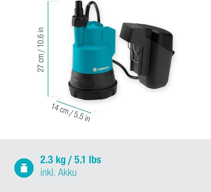 Gardena Akku-Klarwasser-Tauchpumpe 2000/2 18V P4A ohne Akku: Flachsaugende Akku-Tauchpumpe, integrie