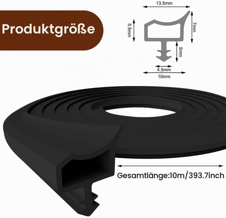 Dichtung Zimmertür Türdichtung 10M Schwarz, Gummi-Dichtprofil mit 4mm Nutbreite, 7mm Nuttiefe und 12