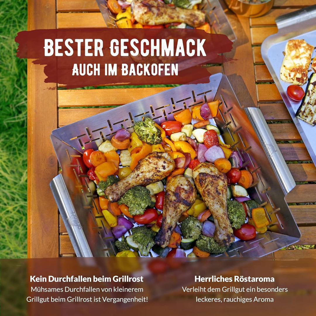 grillart® Premium XL Grillkorb Edelstahl als Gemüsekorb, Fisch Grillkorb und Grillschale verwendbar