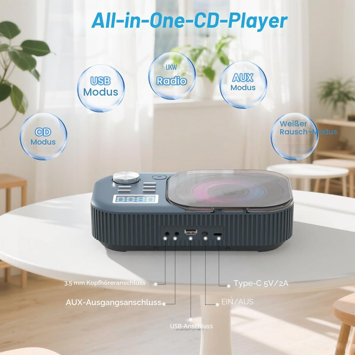 MONODEAL CD Player mit Radio und Bluetooth,White Noise,Stereo Lautsprecher | Wiederaufladbar CD Play