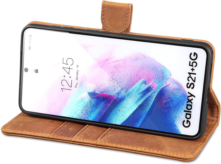LENSUN Echtleder Hülle für Samsung Galaxy S21 Plus, Handyhülle [Echtes Leder] [Magnetverschluss] [Ka