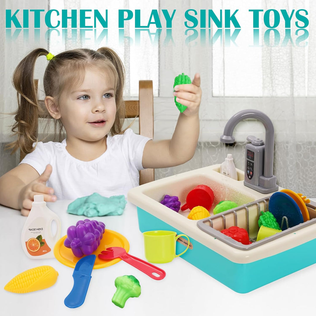 Spielspüle Kinder,Küchenspüle Spielzeug Set mit Wasserkreislauf,Elektrischem Wasserhahn,Rollenspiel-