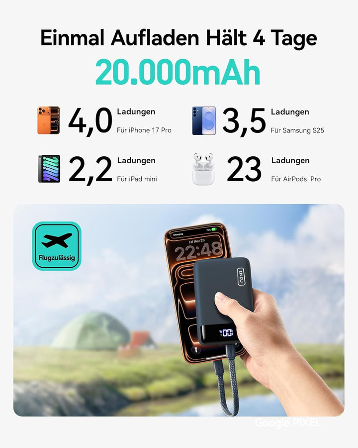 INIU Power Bank, Ultra Klein 20000mAh 22.5W Schnellladefunktion Power Bank, USB-C In&Out Externe Han