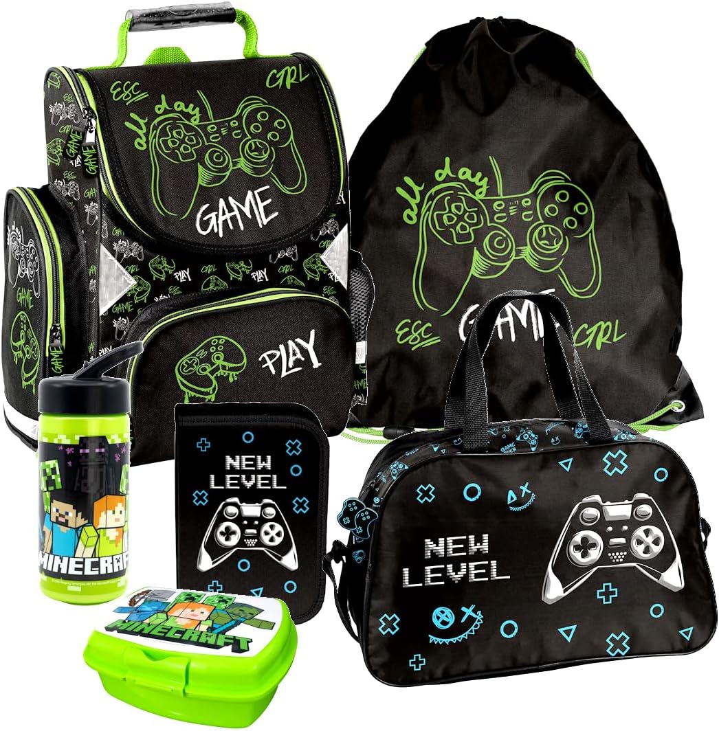 Minecraft Games Play Pixel 7 Teile Set Tornister Ranzen Schulranzen Tasche Federmappe mit Sticker-vo