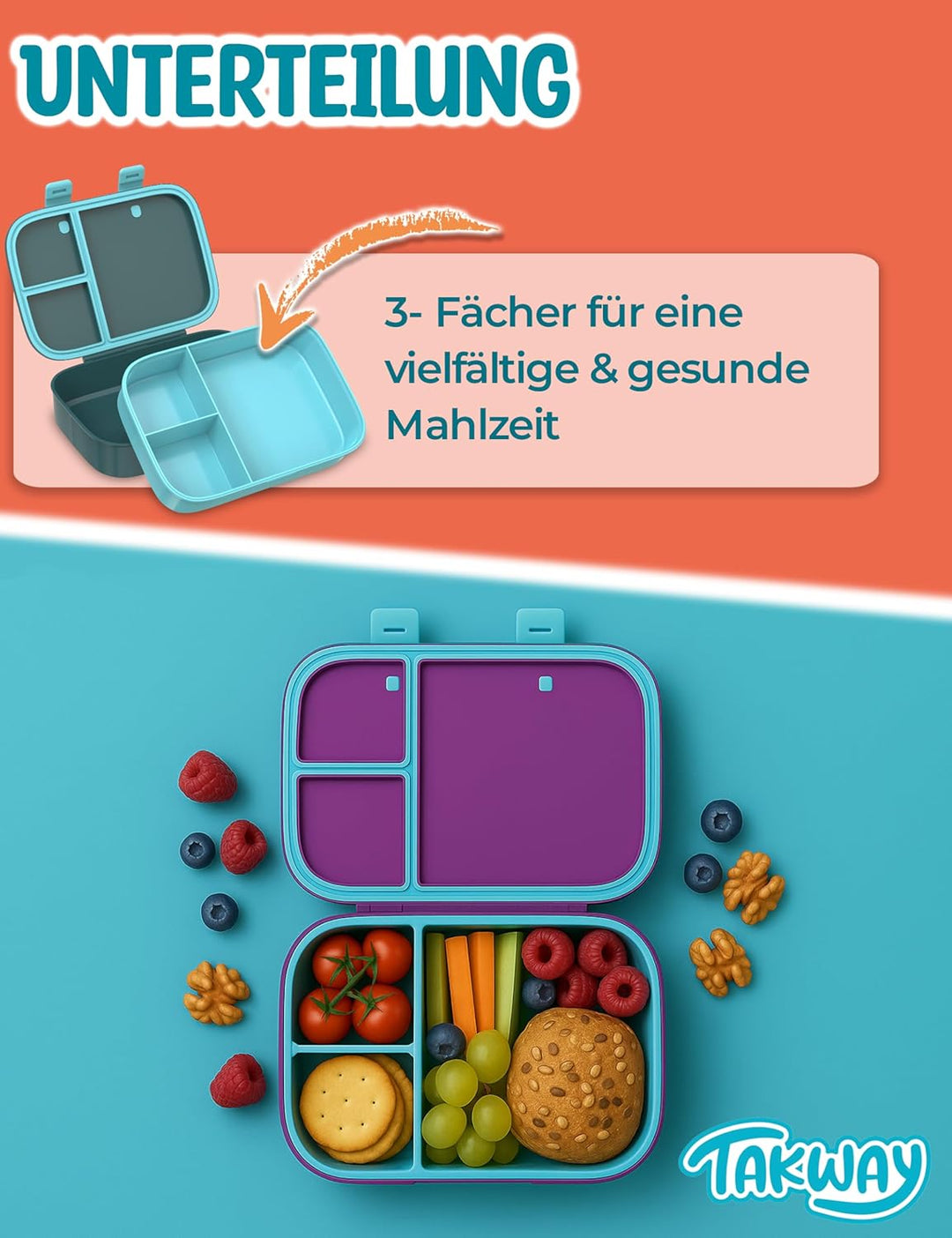 Brotdose Kinder mit Fächern - Bento Box Lunchbox BPA Frei - robust &amp; leicht zu öffnen (Dino), Dino