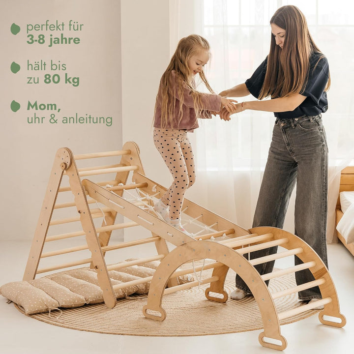 Goodevas 5-in-1 Montessori Klettergerüst Set: Indoor Kletterdreieck, Kletterbogen mit Kissen, Klette