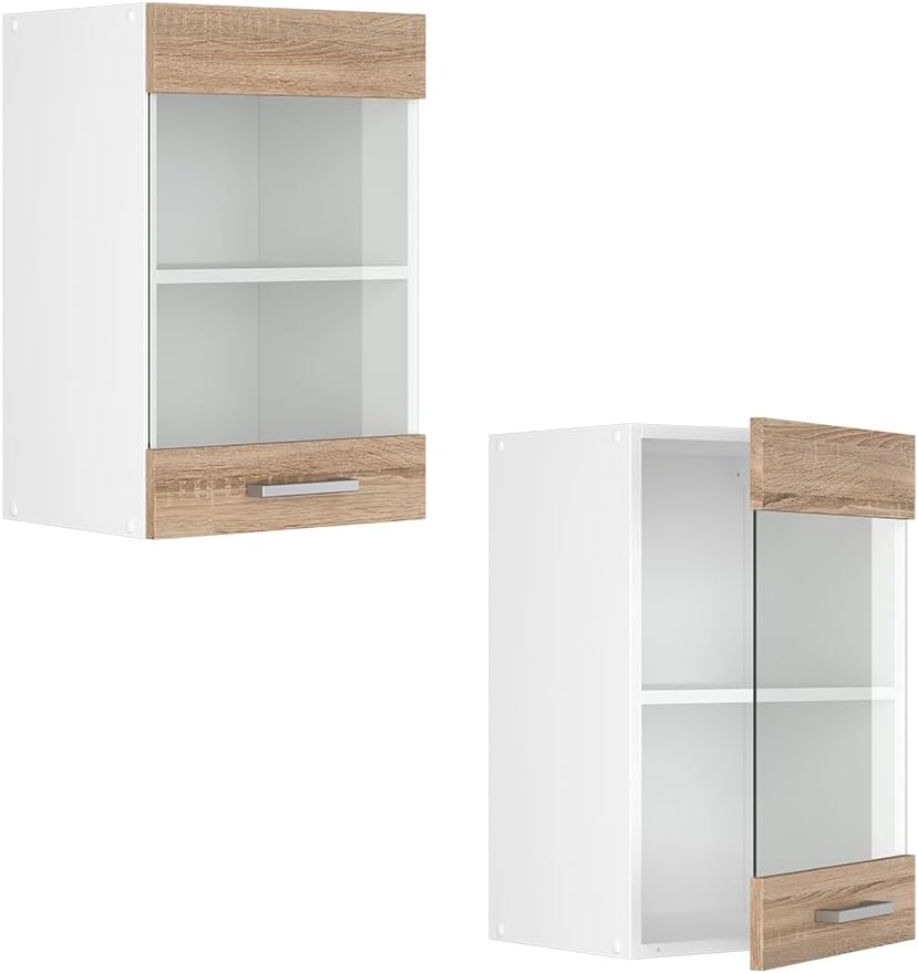 Vicco Küchenschrank Glas R-Line, Sonoma/Weiss, 40 cm Sonoma Hängeglasschrank 40cm, Sonoma Hängeglass