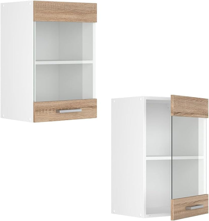 Vicco Küchenschrank Glas R-Line, Sonoma/Weiss, 40 cm Sonoma Hängeglasschrank 40cm, Sonoma Hängeglass