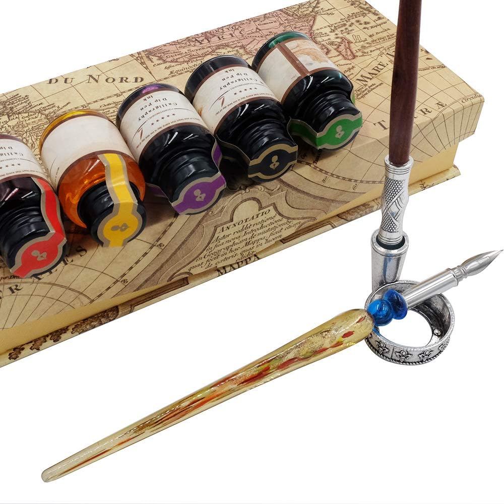 GC QUILL Kalligraphie Stifte Set Schönschreibfüller Holzstift und Glasstift mit 5 extra Federn 5 Far