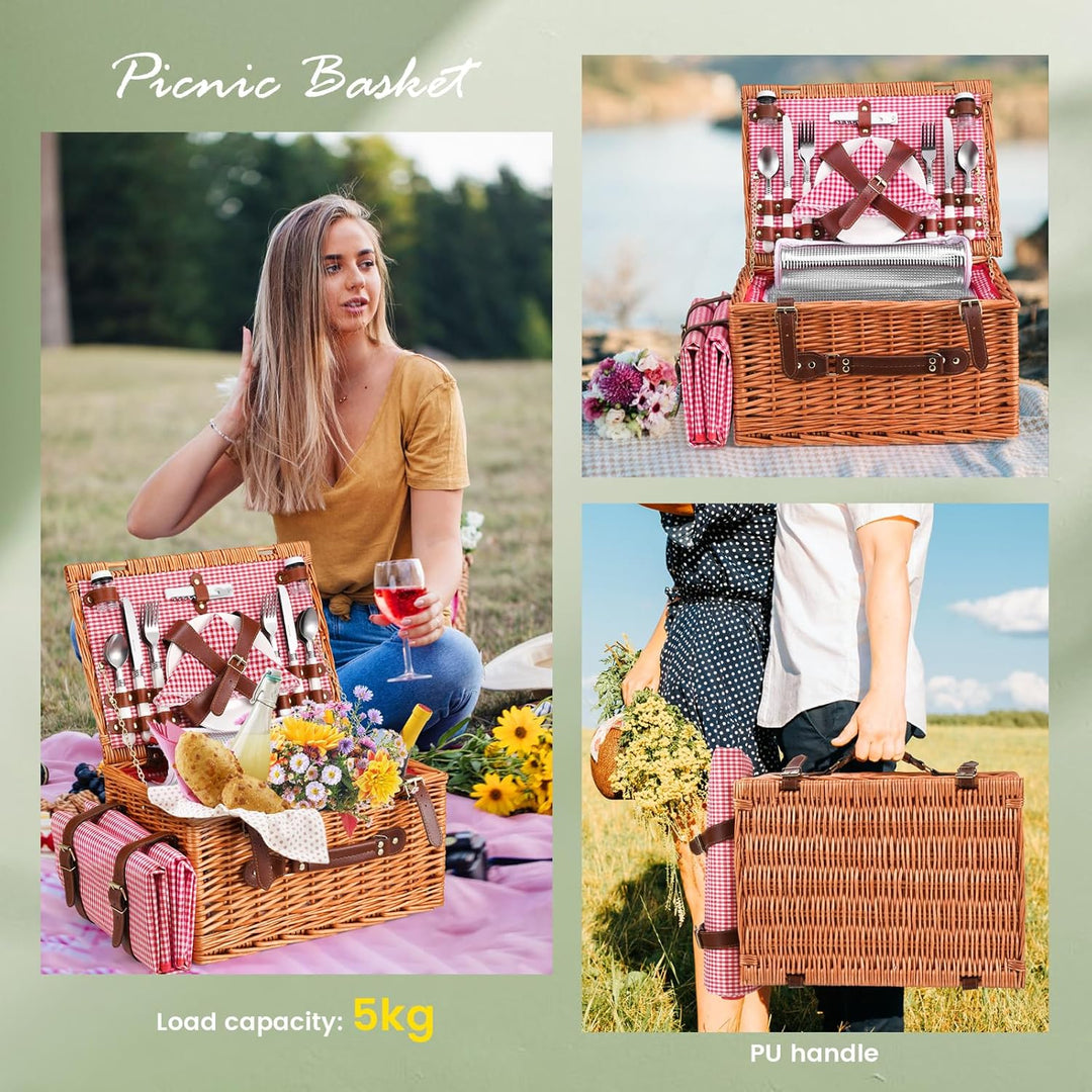Picknickkorb 4 Personen,Picknickkorb mit Kühlfach und wasserdichte Picknickdecke, Piknik Korb Set mi