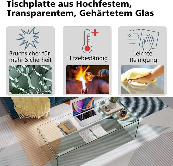 COSTWAY Couchtisch aus gehärtetem Glas, U-förmiger Beistelltisch, Moderner Glastisch, Wohnzimmertisc