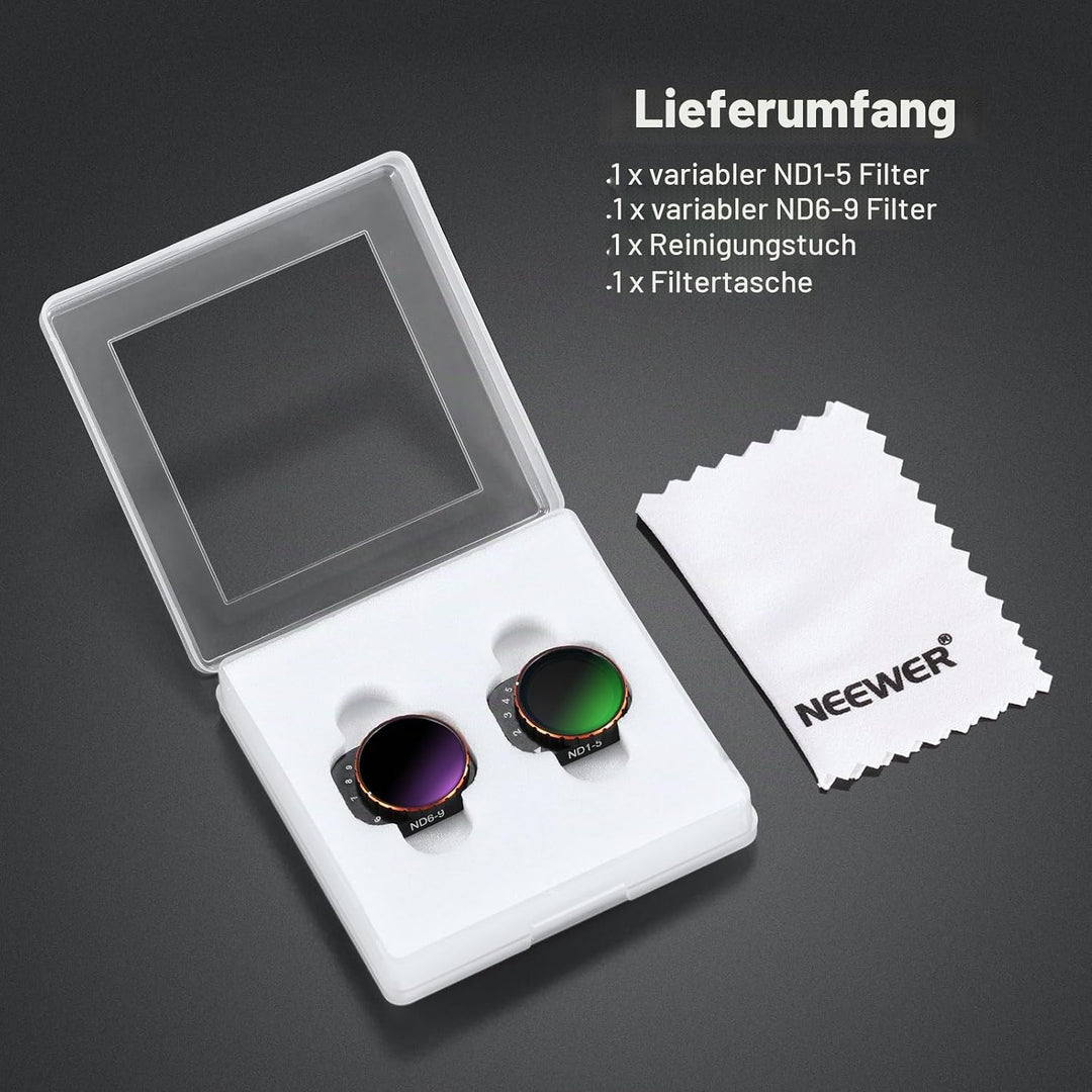 NEEWER Variables ND Filter Set kompatibel mit DJI Mini 3 Pro, ND2-32 (1-5 Stop) + ND64-512 (6-9 Stop